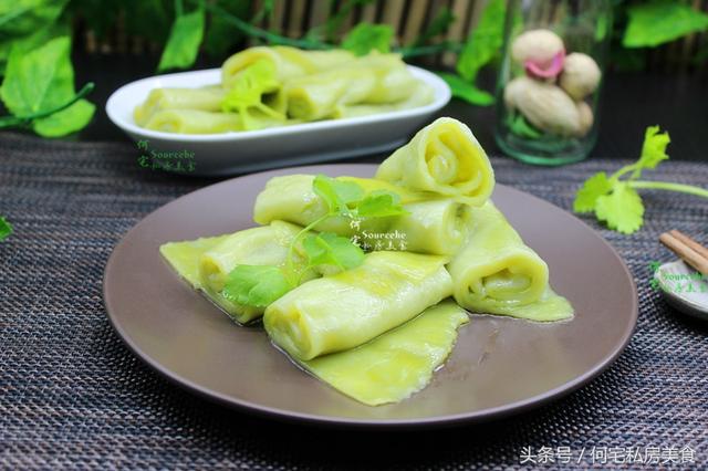 美味廣式早茶，綠瑩剔透、鮮香爽滑，菠菜齋腸粉