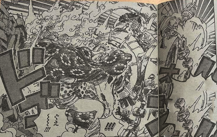 海賊王1038話：羅刺穿大媽身體，基德製作鋼鐵巨牛，大媽即將敗北