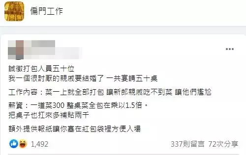 討人厭親戚要結婚!他誠徵50人鬧場「一上菜就打包」 酬勞曝光「把桌子扛走再加碼」網笑翻:想應徵了