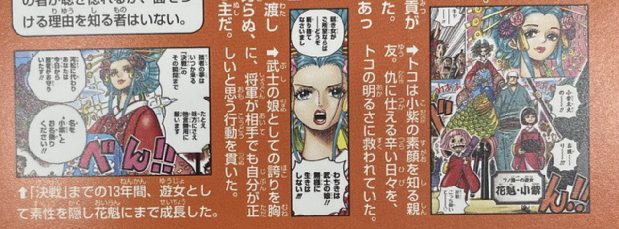 海賊王官方情報，小紫早期設定是「黑炭養女」，桃之助把她當母親