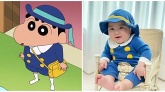 開心上學去！超Q寶寶「換上蠟筆小新校服」爆紅　燦笑如天使「家中狗狗也一起變裝」畫面融化全網