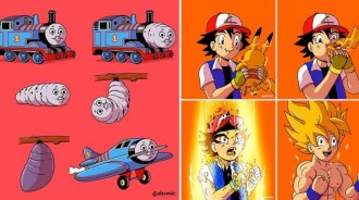 「毀童年」系列插畫，小智進化成超級賽亞人，加菲貓變成老虎